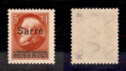 0355 GERMANIA - Sarre – 1920 – 3 Marchi Rosso (Unif. 29) – Gomma Integra (320) - Sonstige & Ohne Zuordnung