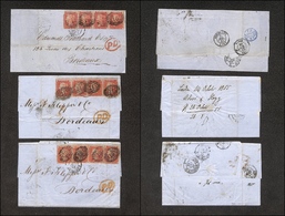 0420 GRAN BRETAGNA - 1855/1857 – 1 Penny (Unif. 10B) – Tre Lettere Da Londra A Bordeaux – Difetti - Otros & Sin Clasificación