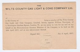 1917 GB Wilts County GAS LIGHT & COKE Co Postal STATIONERY CARD Gv Stamps Cover Energy Minerals - Gaz