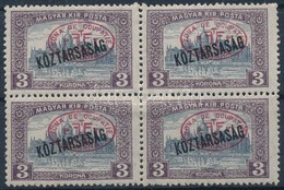 ** * Debrecen I. 1919 Parlament/Köztársaság 3K Piros Felülnyomással Négyestömbben, Bodor Vizsgálójellel (12.000) - Altri & Non Classificati