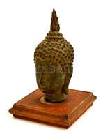 Buddha-fej, Fém Szobor Fa Talapzaton, M: 15 Cm - Altri & Non Classificati