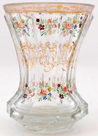 Cca 1860 Emlékpohár, Formába Fúvott üveg, Csiszolt, Zománc Festett, Kopott Aranyozott Peremmel, M:13cm /circa 1860 Memor - Vidrio & Cristal