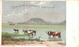 ** T3 Balaton, Szarvasmarhák A Parton, Gőzhajó. Werbőczy Könyvnyomda Kiadása Litho S: Telegdy (szakadás / Tear) - Zonder Classificatie