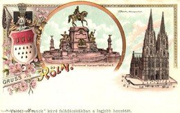 ** T1 Köln, Cologne; Dom, Denkmal Kaiser Wilhelm I / Dome, Statue, Coat Of Arms, Franck Coffee Advertisement, Floral, Ar - Non Classés