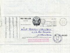 PAR BALLON / Monté N° 003365 Réplique Centenaire Des Combats BRY / Marne, Envol Villiers/Marne, Arrivée Lizy; 10.11.1970 - 1960-.... Covers & Documents