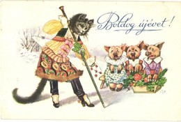 T2/T3 Boldog Újévet! / New Year Greeting Card, Dressed Cat And Pigs  (EK) - Sin Clasificación