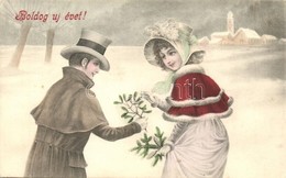 T2/T3 'Boldog új évet!' / New Year, Couple With Pine And Holly Branches (EK) - Non Classés