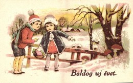 ** T2/T3 'Boldog új évet' / New Year, Children Collecting Mushrooms (EK) - Unclassified