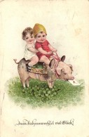 * T3 'Zum Jahreswechsel Viel Glück!' / New Year, Children Riding Pig On A Field Of Clovers, Litho (EB) - Non Classés