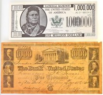 Amerikai Egyesült Államok 1840. 1000$ Bankjegy Replika + 1999. 1.000.000$ Fantáziabankjegy T:I-, III
USA 1840. 1000 Doll - Zonder Classificatie