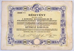 Komádi 1922. 'A Komádi-i Kereskedelmi és Földhitelintézet Részvénytársaság' Névre Szóló Részvénye 200K-ról, Szárazpecsét - Sin Clasificación