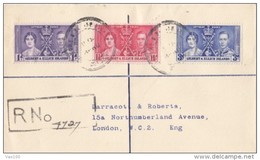 KING GEORGE VI AND QUEEN ELISABETH CORONATION, STAMPS ON REGISTERED COVER, 1937, GILBERT & ELLICE ISLANDS - Gilbert & Ellice Islands (...-1979)