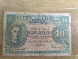 Vintage  MALAYA 1941 Straits Settlements Commissioners King George VI 10 Cents Fine Circulated, Uniface - Malasia