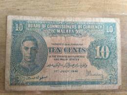 Vintage  MALAYA 1941 Straits Settlements Commissioners King George VI 10 Cents Fine Circulated, Uniface - Maleisië