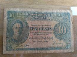 Vintage  MALAYA 1941 Straits Settlements Commissioners King George VI 10 Cents Fine Circulated, Uniface - Malaysie