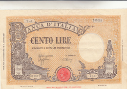 Banconota Banca D'Italia Lire 100 Grande B Fascio. Pieghe Ma Buona Conservazione Non Trattata 1943 - 100 Liras