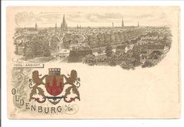 Oldenburg. Total-Ansicht. Wappenkarte. BAHNPOSTSTEMPEL BREMEN-WILHELMSHAFEN ZUG 7 - Oldenburg