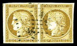 O N°1, 10c Bistre-jaune En Paire Horizontale Obl PC '738', Jolie Pièce, TTB (signé Brun/certificat)   Qualité: O   Cote: - 1849-1850 Cérès