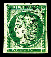 O N°2b, 15c Vert-foncé, Quatre Belles Marges, Superbe Nuance. TTB (signé Calves/certificat)   Qualité: O   Cote: 1200 Eu - 1849-1850 Ceres