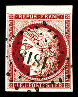 O N°6, 1f Carmin-vif Obl PC 1818, Petit Haut De Feuille. TTB (signé Calves/certificat)   Qualité: O   Cote: 1000 Euros - 1849-1850 Cérès