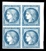 ** N°8b, Non émis, 20c Bleu Sur Azuré En Bloc De Quatre Coin De Feuille (1ex*), Piece D'une Qualité Exceptionnelle, R.R. - 1849-1850 Cérès