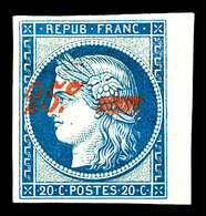 * N°8A, Non émis, 25c Sur 20c Bleu, Bord De Feuille Latéral Droit, Fraîcheur Postale. SUPERBE. R.R.R. (certificats)   Qu - 1849-1850 Ceres