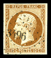 O N°9, 10c Bistre-jaune, Obl PC '3496', TTB (signé Brun/certificat)   Qualité: O   Cote: 750 Euros - 1852 Louis-Napoléon