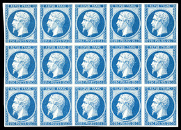 ** N°10c, 25c Bleu, Impression De 1862 En Bloc De 15 Exemplaires (2ex*), Fraîcheur Postale. SUPERBE. R.R. (certificat)   - 1852 Louis-Napoléon