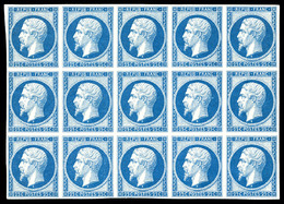 ** N°10c, 25c Bleu, Impression De 1862 En Bloc De 15 Exemplaires (2ex*), Fraîcheur Postale. SUPERBE. R.R. (certificat)   - 1852 Louis-Napoleon