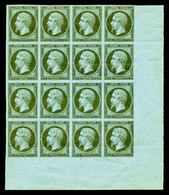 ** N°11, 1c Olive, Bloc De 16 Exemplaires Coin De Feuille Integral, Léger Pli Sur 4ex, Fraîcheur Postale. Très Jolie Piè - 1853-1860 Napoléon III.