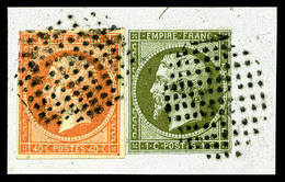 O 1c Olive + 40c Orange (N°16) Obl Cercle De Points Sur Petit Fragment, R.R. (signé Brun/certificat)   Qualité: O - 1853-1860 Napoléon III