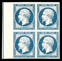 ** N°14Ai, 20c Bleu Laiteux En Bloc De Quatre (1ex*) Bord De Feuille Latéral Avec Filet D'encadrement, SUPERBE (certific - 1853-1860 Napoleon III