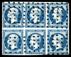 O N°15, 25c Bleu, Bloc De 6 Obl Gros Points Carrés (filet Angle NE à Peine Effleuré). SUP. R. (signé Brun/certificat)    - 1853-1860 Napoléon III