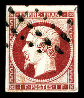 O N°18, 1F Carmin Oblitération Gros Points, Un Voisin, TTB (signé Calves/certificat)   Qualité: O   Cote: 3500 Euros - 1853-1860 Napoléon III.