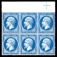 ** N°22, 20c Bleu En Bloc De Six Bord De Feuille Avec Croix De Repère (1ex*), Fraîcheur Postale, Très Bon Centrage. SUP. - 1862 Napoleon III