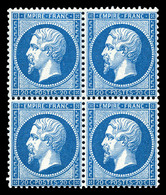 ** N°22, 20c Bleu En Bloc De Quatre (1ex*), Fraîcheur Postale. SUP (signé Brun/certificats)   Qualité: ** - 1862 Napoléon III