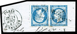 O N°22b, 20c Bleu En Paire Tête-bêche Horizontale Sur Petit Fragment, TTB (certificat)   Qualité: O   Cote: 1400 Euros - 1862 Napoleon III
