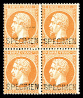 ** N°23d, 40c Orange Surchargé 'SPECIMEN' En Bloc De Quatre (2ex*), Fraîcheur Postale. R.R. SUP (certificat)   Qualité:  - 1862 Napoléon III.