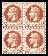 ** N°26A, 2c Rouge-brun Clair Type I En Bloc De Quatre. TTB (certificat)   Qualité: ** - 1863-1870 Napoleon III With Laurels