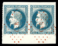 O N°29A, 20c Bleu Type I Obl 'CER' En Rouge En Paire Sur Son Support. TTB   Qualité: O - 1863-1870 Napoléon III. Laure