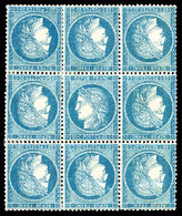 * N°37d, 20c Bleu Sur Jaunâtre: TÊTE-BÊCHE Au Centre D'un Bloc De 9, RARE Et SUPERBE (signé/certificat)    Qualité: * - 1870 Siège De Paris