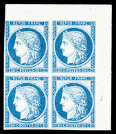 * N°37f, 20c Bleu IMPRESSION DE GRANET Non Dentelé En Bloc De Quatre Coin De Feuille, SUPERBE (certificat)    Qualité: * - 1870 Siege Of Paris