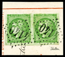 O N°42B, 5c Vert-jaune Rep 2 En Paire Obl GC 4140 Sur Petit Fragment, SUP (signé Brun/Scheller/certificat)   Qualité: O - 1870 Ausgabe Bordeaux