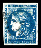 O N°45B, 20c Bleu Type II Report 2, Menton Déformé. Spectaculaire. R.R. TTB (certificat)   Qualité: O - 1870 Emission De Bordeaux