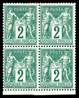 ** N°74, 2c Vert Type II, Bloc De Quatre Bdf, Fraîcheur Postale, SUP (certificat)   Qualité: ** - 1876-1878 Sage (Tipo I)