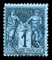 O N°84, 1c Noir Sur Bleu De Prusse, Oblitération Très Légère, Très Jolie Pièce, SUPERBE (signé Brun/certificat)   Qualit - 1876-1878 Sage (Type I)