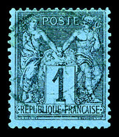O N°84, 1c Noir Sur Bleu De Prusse, Oblitération Très Légère, Froissure En Angle, Très Jolie Pièce, SUPERBE (signé Calve - 1876-1878 Sage (Type I)