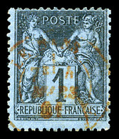 O N°84, 1c Noir Sur Bleu De Prusse, Oblitération Cachet à Date Rouge, 2 Dents Courtes, Jolie Pièce (signé Calves/Brun/ce - 1876-1878 Sage (Type I)