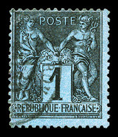 O N°84, 1c Noir Sur Bleu De Prusse, Infime Pelurage Sinon Très Beau (signé Calves/certificat)    Qualité: O   Cote: 6000 - 1876-1878 Sage (Type I)