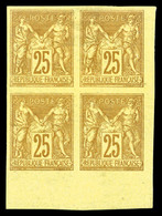 * N°92b, 25c Bistre Sur Jaune Non Dentelé En Bloc De Quatre Coin De Feuille, Fraîcheur Postale, SUP (signé Brun/Calves/c - 1876-1878 Sage (Type I)